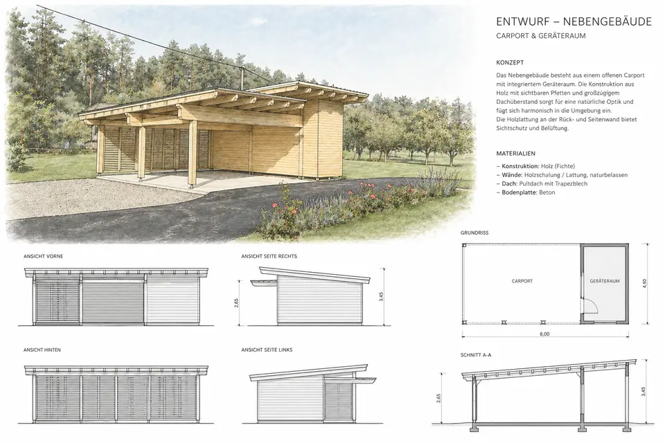 Planungsdarstellung einer Carportkonstruktion