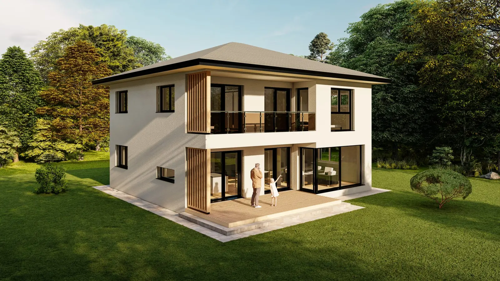 Modernes Fertigteilhaus in einer grünen Landschaft